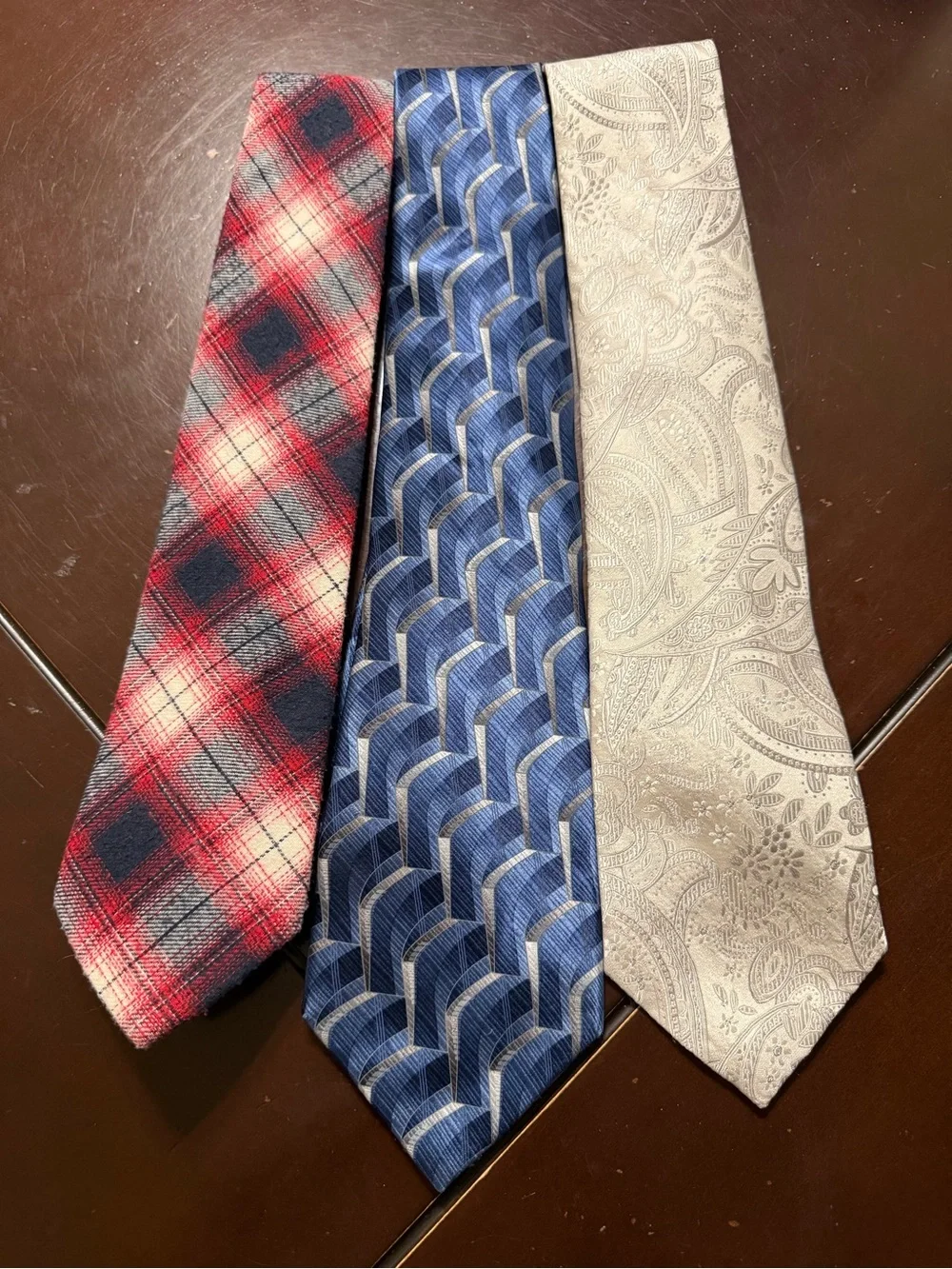 Stafford Three-Tie Set — Red Plaid, Blue Geometric, Cream Paisley